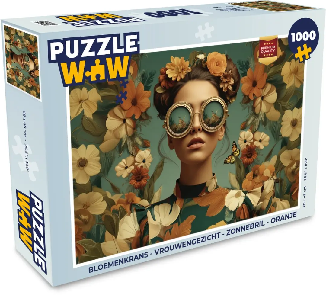 PuzzleWow Bloemenkrans Vrouwengezicht Zonnebril Legpuzzel 1000 Stuks