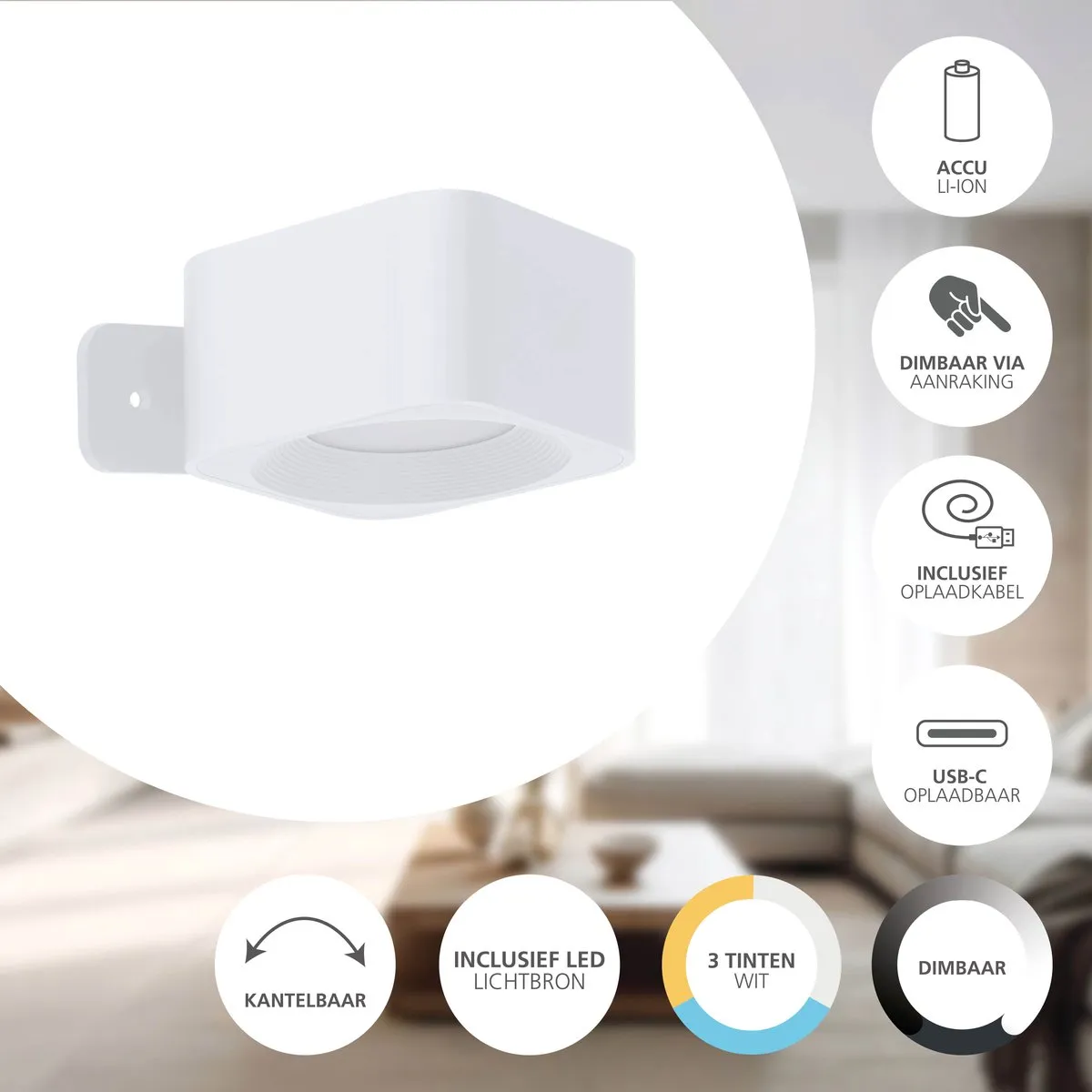 Eglo Muraglie Wandlamp - Oplaadbaar 24u - Instelbaar wit licht - 1x Accu