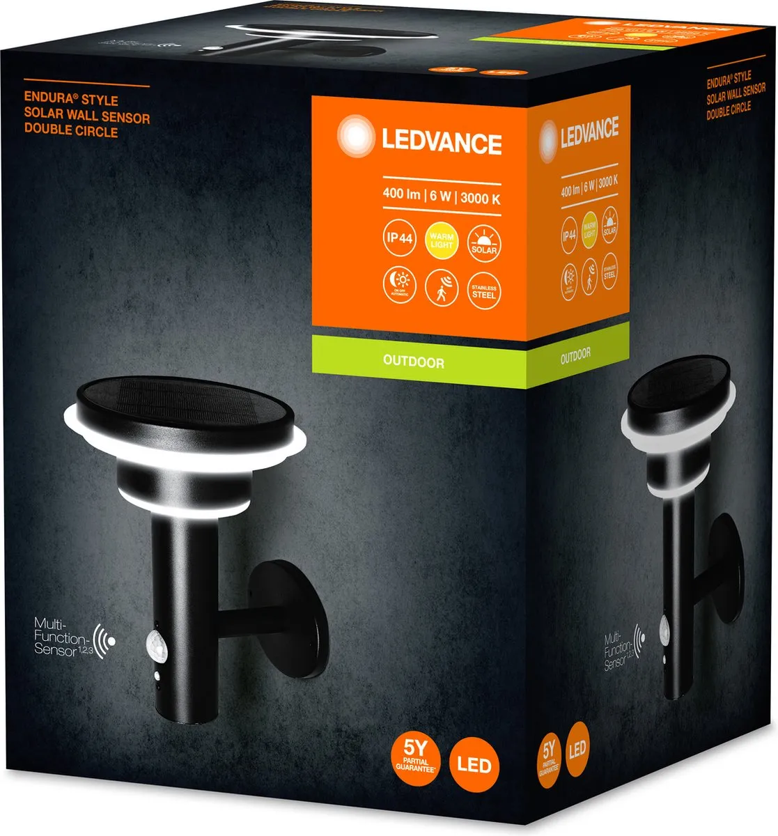 LEDVANCE Wand- en plafondarmatuur LED: voor muur, ENDURA STYLE SOLAR DOUBLE CIRCLE / 6 W, 3.2 V, Warm wit, 3- K, body materiaal: stainless steel, IP44