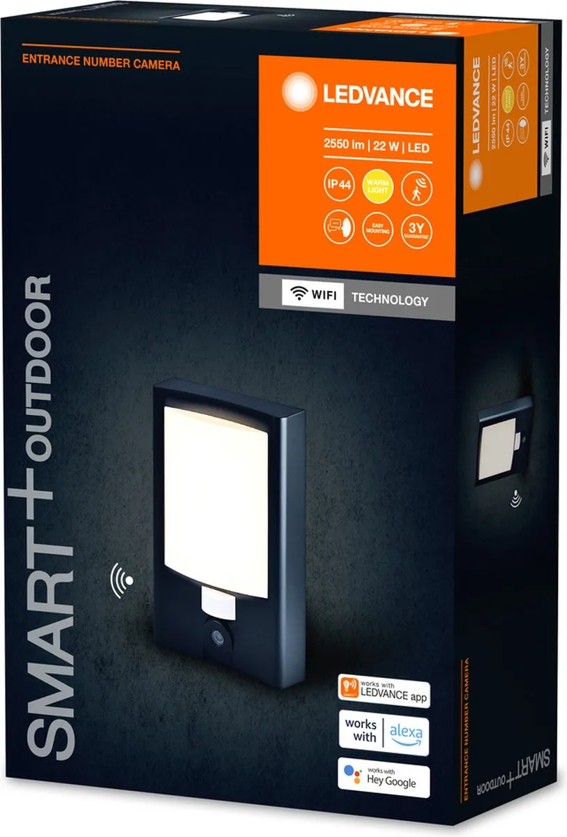 LEDVANCE SMART+ buitenwandlamp + huisnummer & camera, warm witte LED-lamp (3000K), hoogwaardige polycarbonaat behuizing in donkergrijs, ingebouwde speaker, geheugenkaart, slimme wifi-technologie
