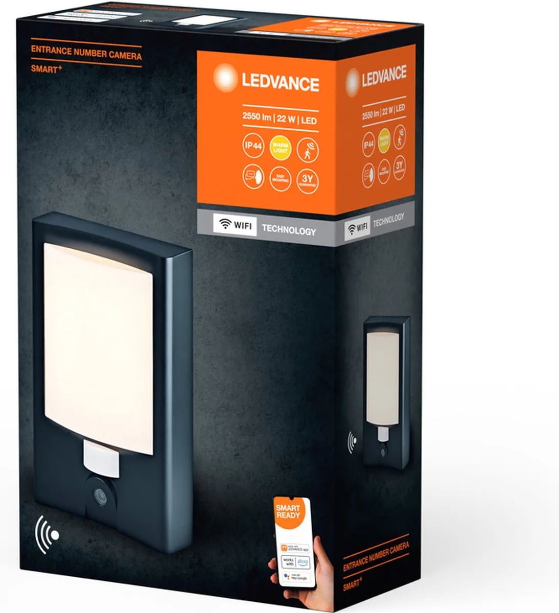 LEDVANCE SMART+ buitenwandlamp + huisnummer & camera, warm witte LED-lamp (3000K), hoogwaardige polycarbonaat behuizing in donkergrijs, ingebouwde speaker, geheugenkaart, slimme wifi-technologie