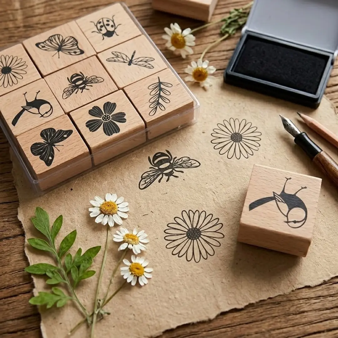 NUVEX Houten Stempels Insecten & Bloemen - 9 Stuks