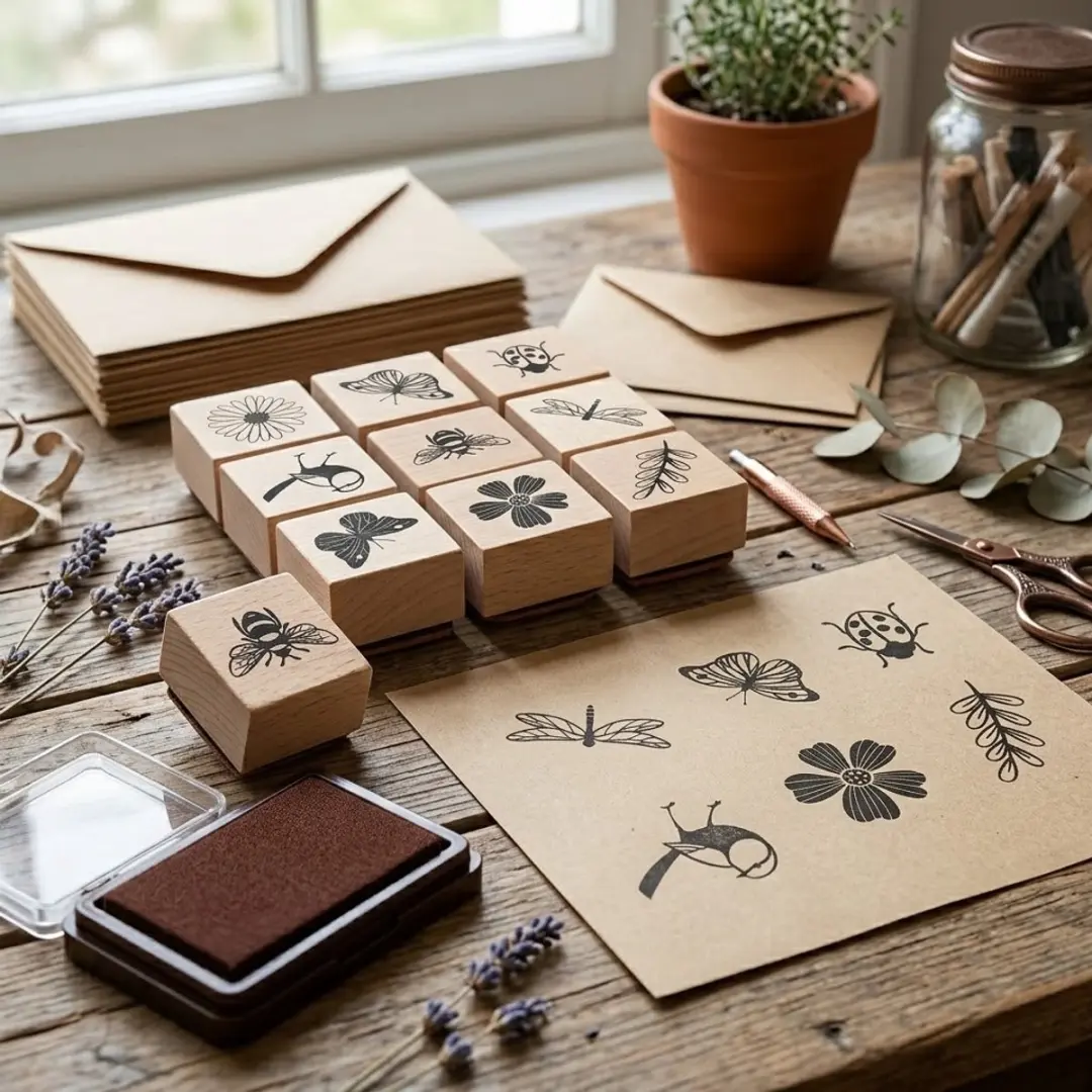 NUVEX Houten Stempels Insecten & Bloemen - 9 Stuks