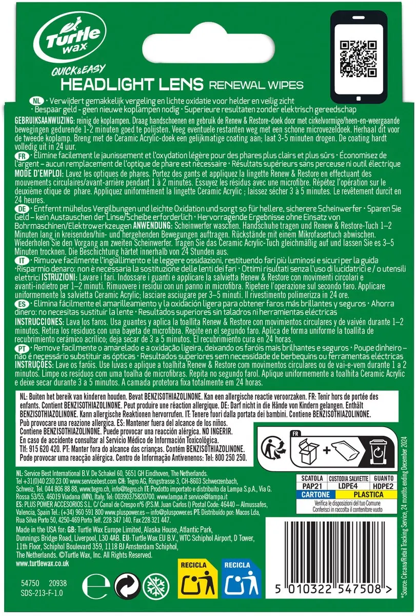 Turtle Wax Headlight Lens Renewal Wipes - Meerkleurig