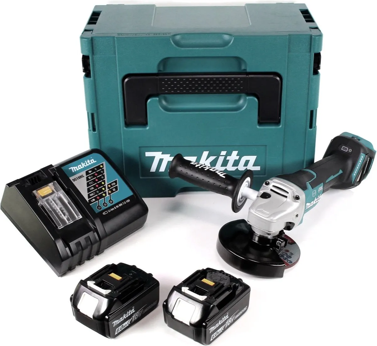 Makita DGA 517 RGJ Haakse Slijper 125mm - 2x 6.0Ah Accu + Lader