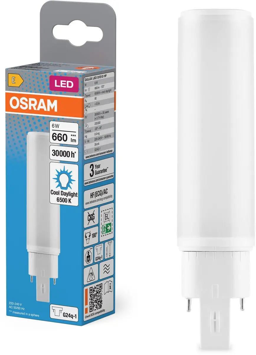 Osram Dulux LED G24q 6W 660lm - 6500K Wit - Helder Glas