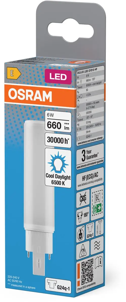 Osram Dulux LED G24q 6W 660lm - 6500K Wit - Helder Glas