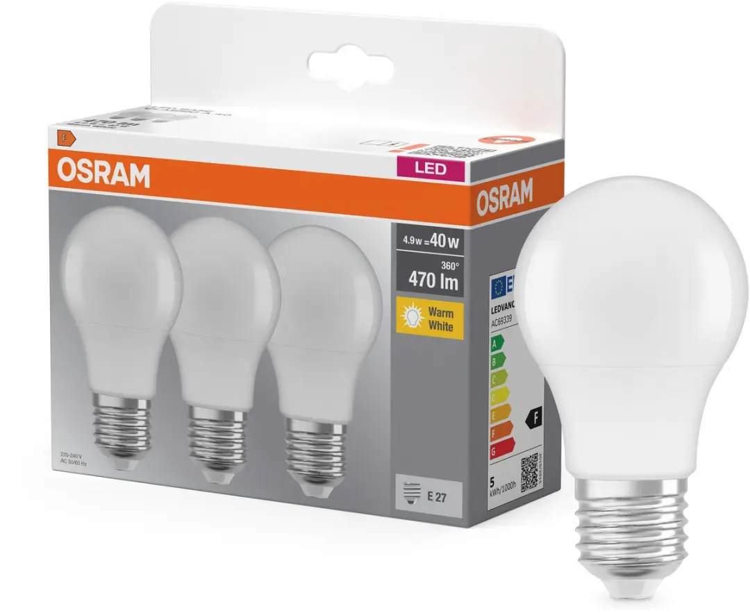 Osram LED Base Classic A 4,9W Warm Wit - 3 Stuks