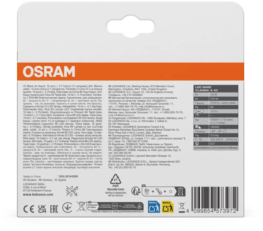 Osram LED Base Classic A 4,9W Warm Wit - 3 Stuks