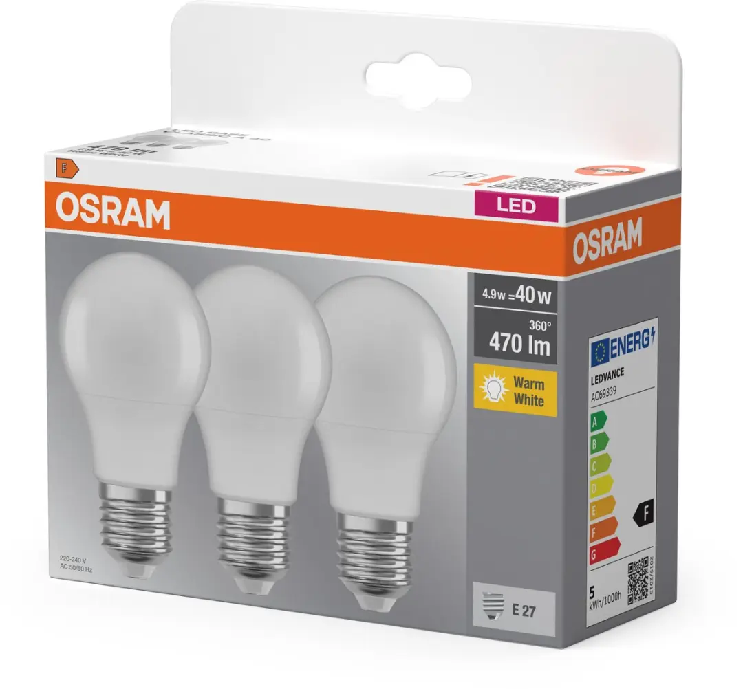 Osram LED Base Classic A 4,9W Warm Wit - 3 Stuks