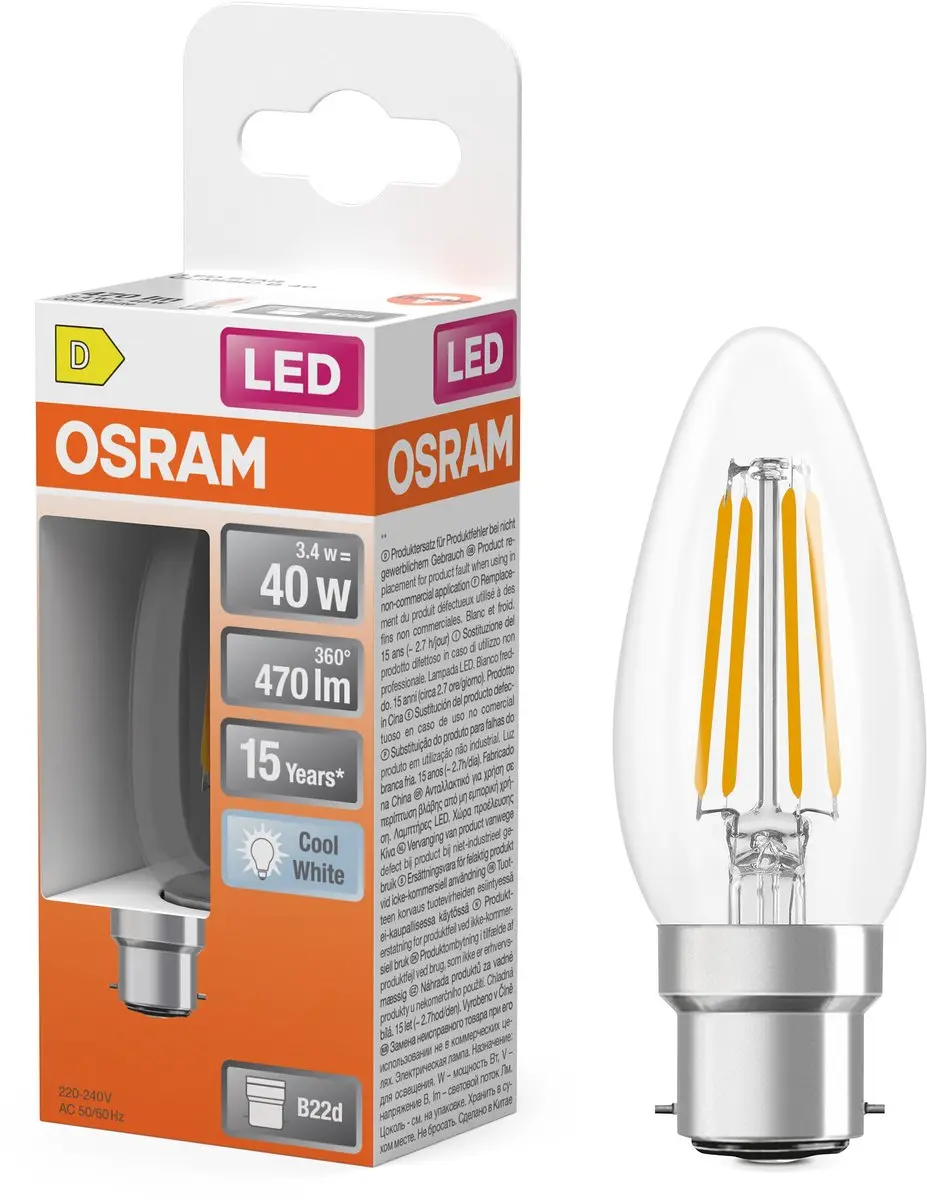 Osram LED Filament Star B40 mini Kaarslamp 3,4W 4000K - 470lm - B22d