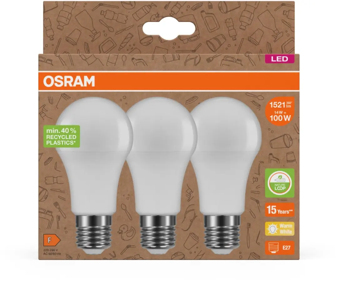 Osram LED Star A100 Recycling 14W E27 Mat - 2700K - 1521lm - 3 Stuks