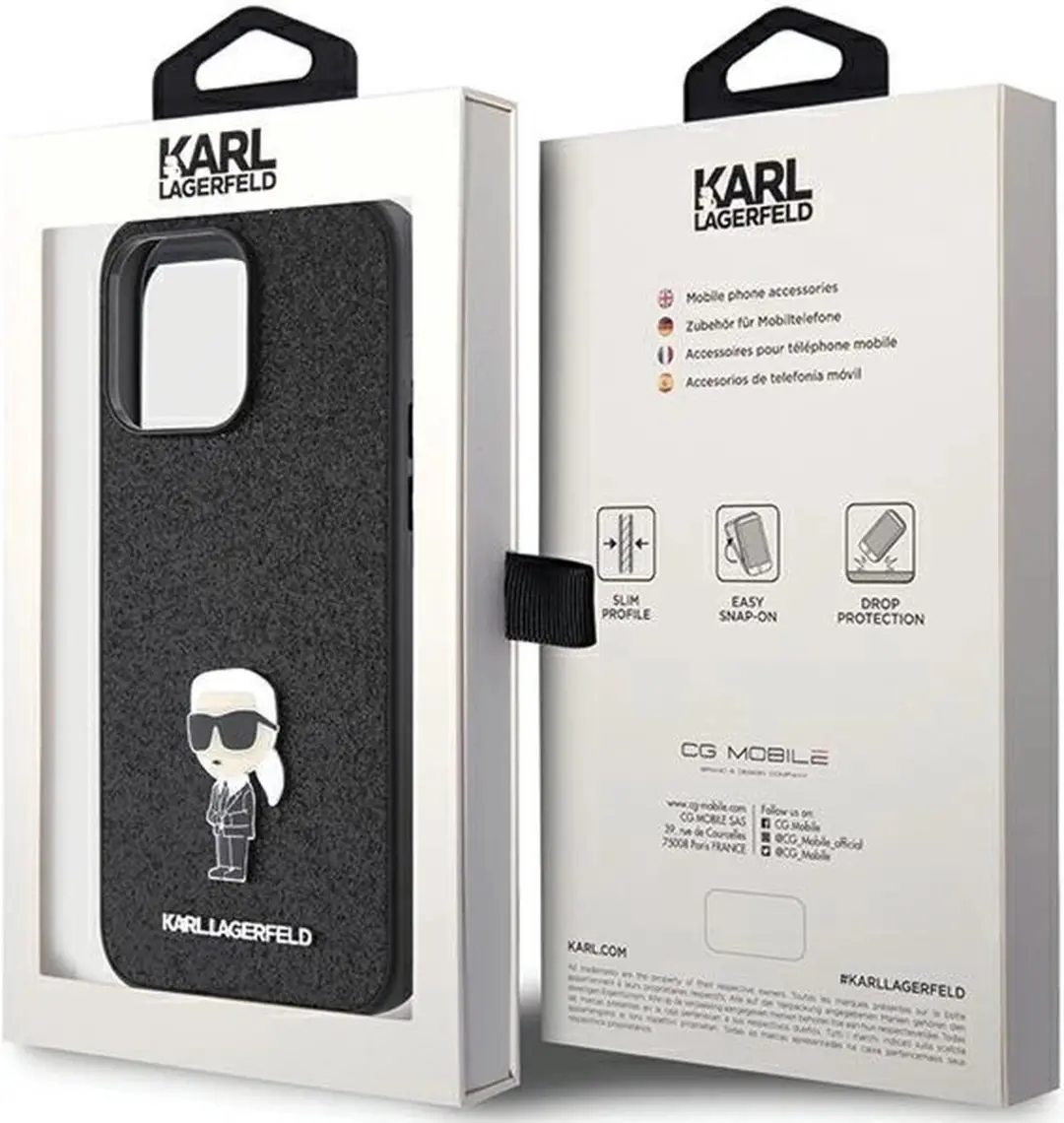 Karl Lagerfeld Fixed Glitter Ikonik Logo Pin Case iPhone 15 Pro Max - Zwart