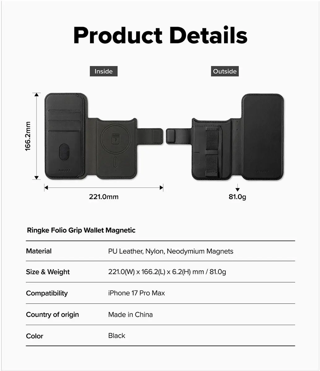Ringke Folio Grip Wallet iPhone 17 Pro Max - Magnetisch - 3 Pasjes - Zwart - afbeelding 6 van 6