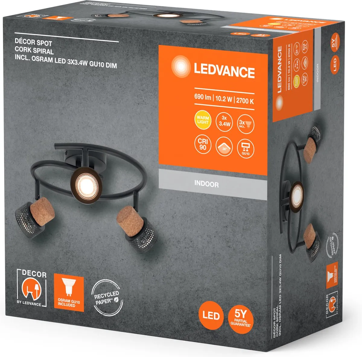 LEDVANCE Decor Spot Cork Spiral GU10 - 3x3,4W 690lm - Zwart