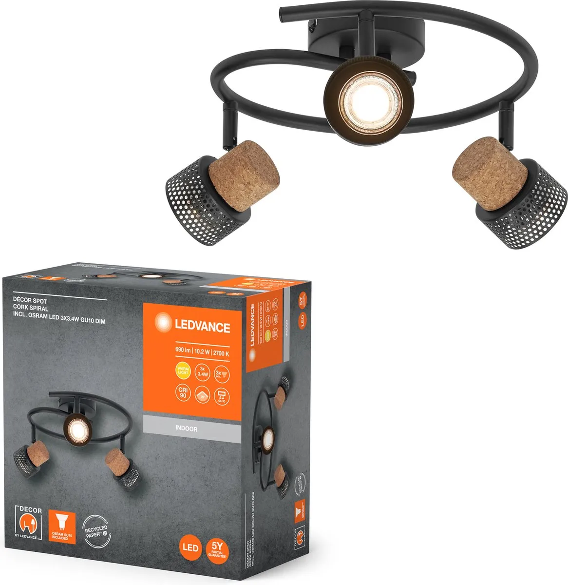 LEDVANCE Decor Spot Cork Spiral GU10 - 3x3,4W 690lm - Zwart