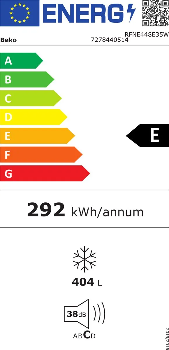 Beko RFNE448E35W Vrieskast 404L - 8 Vakken - 24kg Invriescapaciteit - Wit