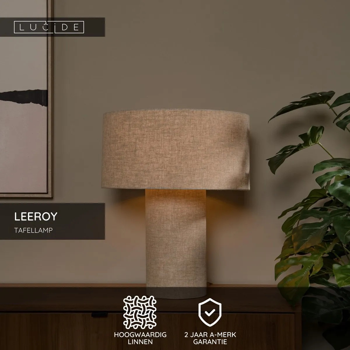 Lucide Leeroy Tafellamp E27 - 42cm Taupe
