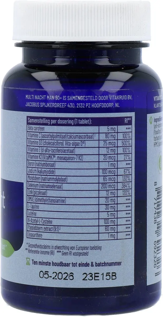 Vitakruid Multi Nacht Man 50+ 30 Tabletten - 100% Vegan