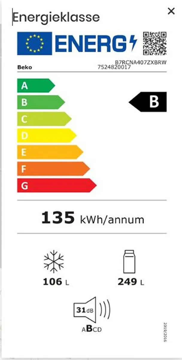 Beko B7RCNA407ZXBRW Koel-vriescombinatie - 249L/106L - Donker RVS
