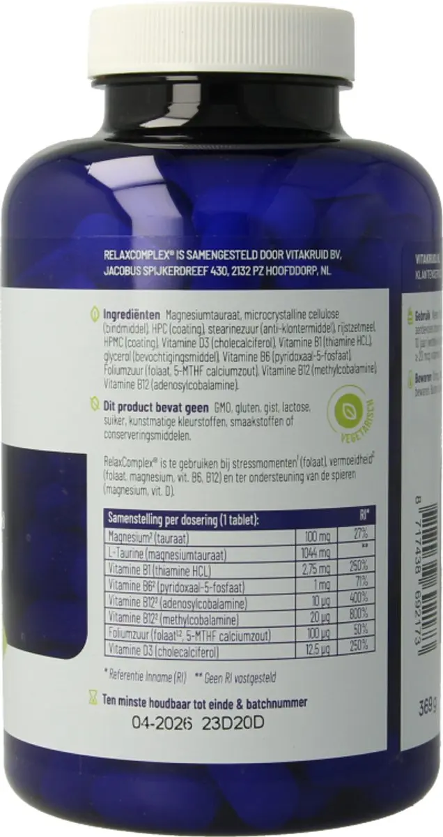 Vitakruid RelaxComplex Magnesium Tauraat & Vitamine D3 180 Tabletten