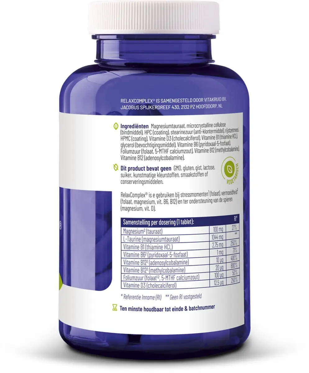 Vitakruid RelaxComplex Magnesium Tauraat & Vitamine D3 180 Tabletten