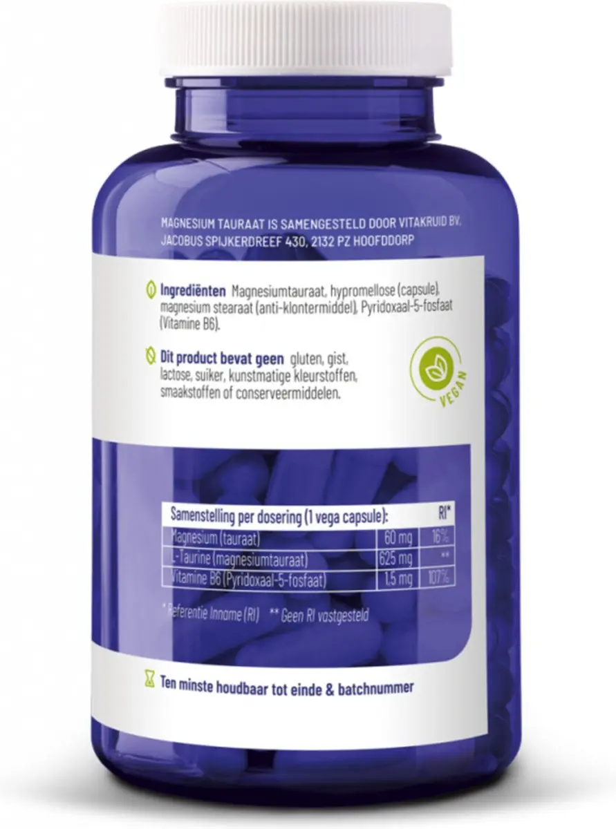 Vitakruid Magnesium Tauraat met P-5-P - 360g (2x180 Vegancapsules) - afbeelding 6 van 6