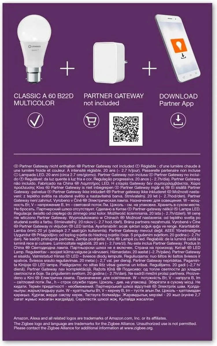 LEDVANCE SMART+ ZigBee Kleurwisselende B22 Lamp 9W - Mat - RGBW