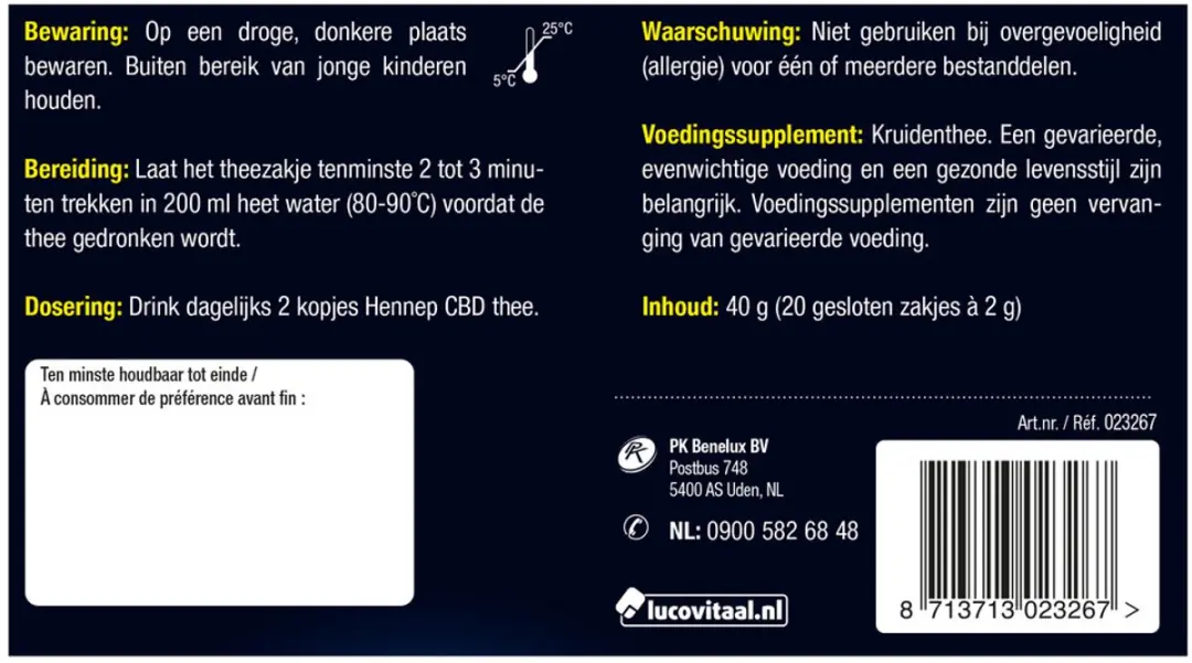 Lucovitaal Hennep CBD Thee 20 Zakjes