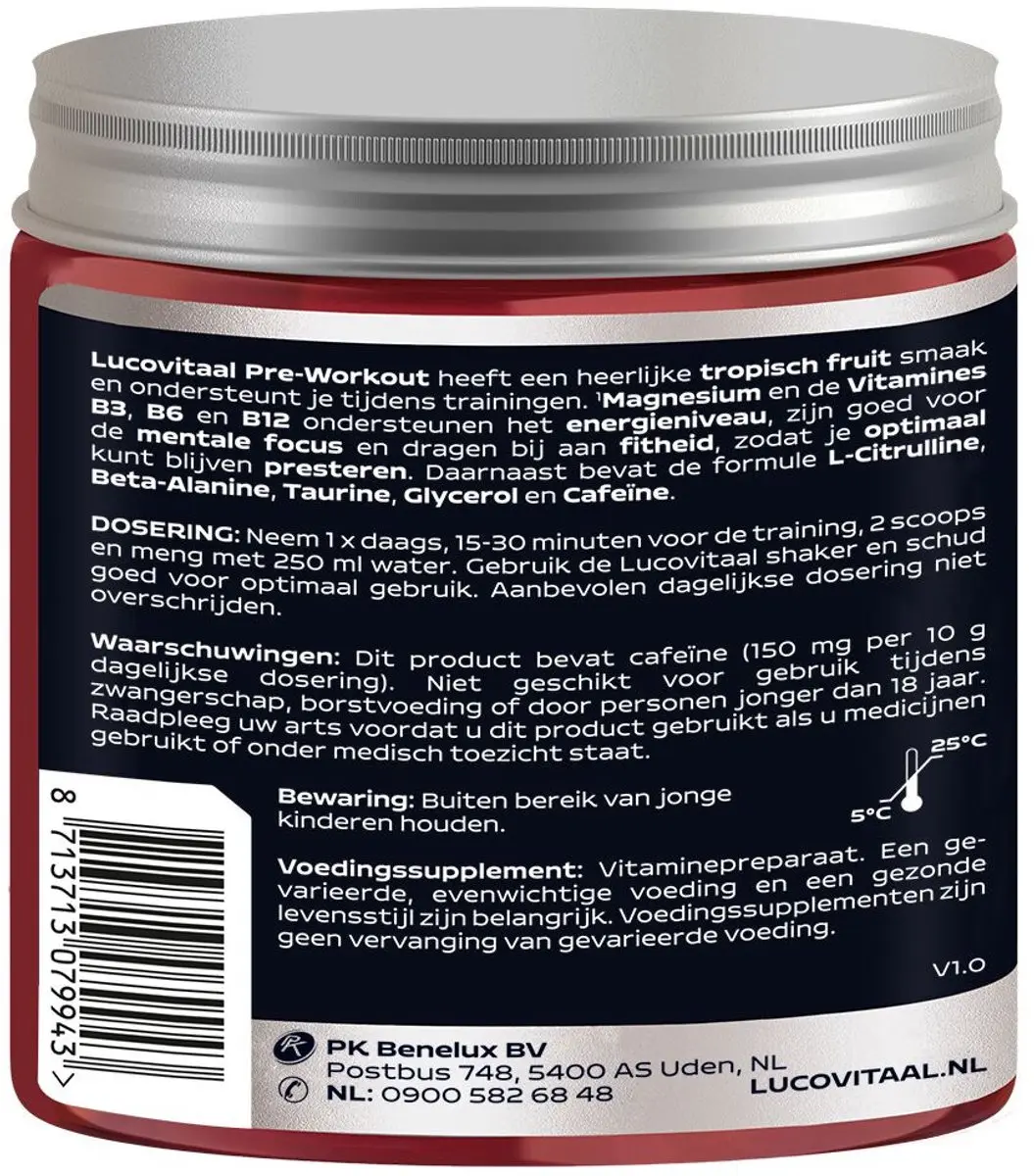 Lucovitaal Pre-Workout Tropisch Fruit 200g - 20 Doses