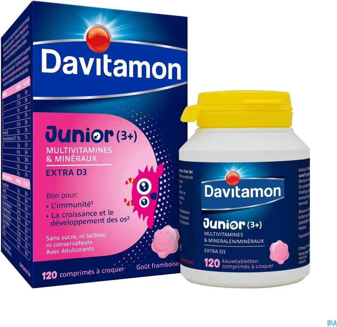Davitamon Junior Framboos Multivitamines 120 Kauwtabletten