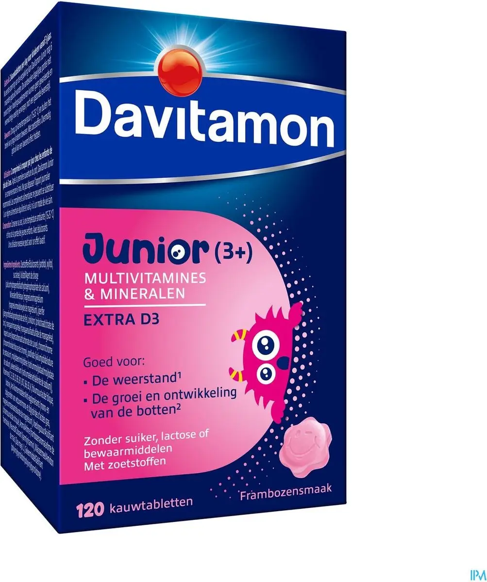 Davitamon Junior Framboos Multivitamines 120 Kauwtabletten