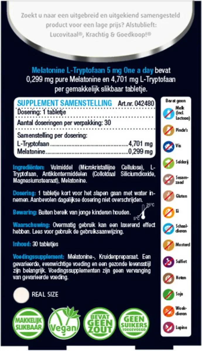 Lucovitaal Melatonine L-Tryptofaan 5mg - 30 tabletten