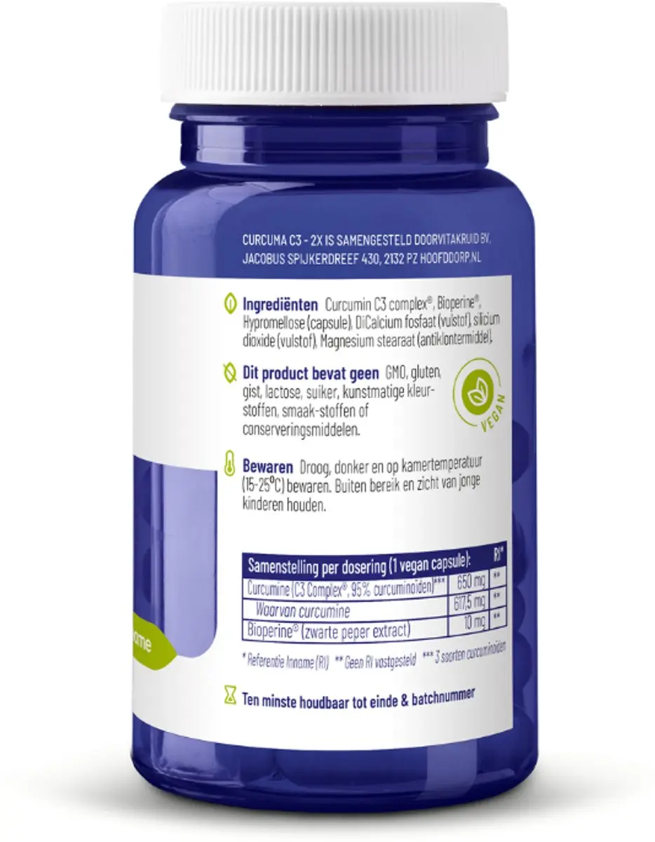 Vitakruid Curcuma C3-2X Vegancapsules - 120 Stuks - afbeelding 6 van 6