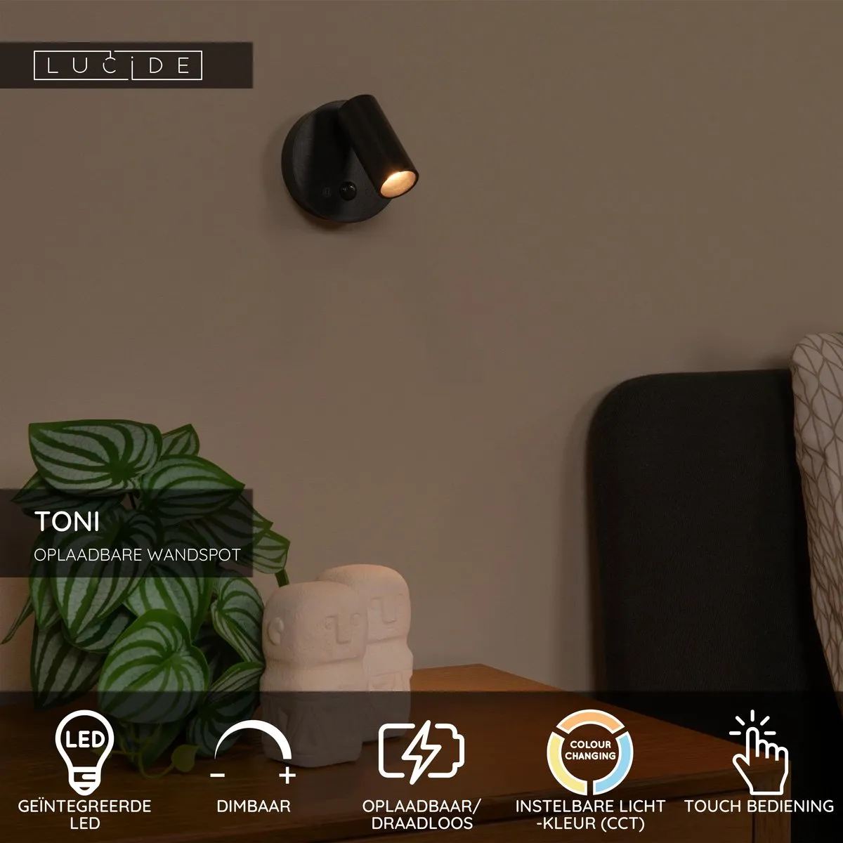 Lucide TONI Oplaadbare Wandspot - Ø8,1cm LED Dimbaar Zwart