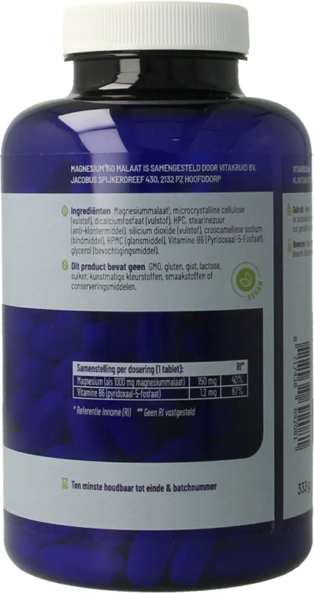 Vitakruid Magnesium 150 Malaat met B6 180 Tabletten - afbeelding 6 van 6