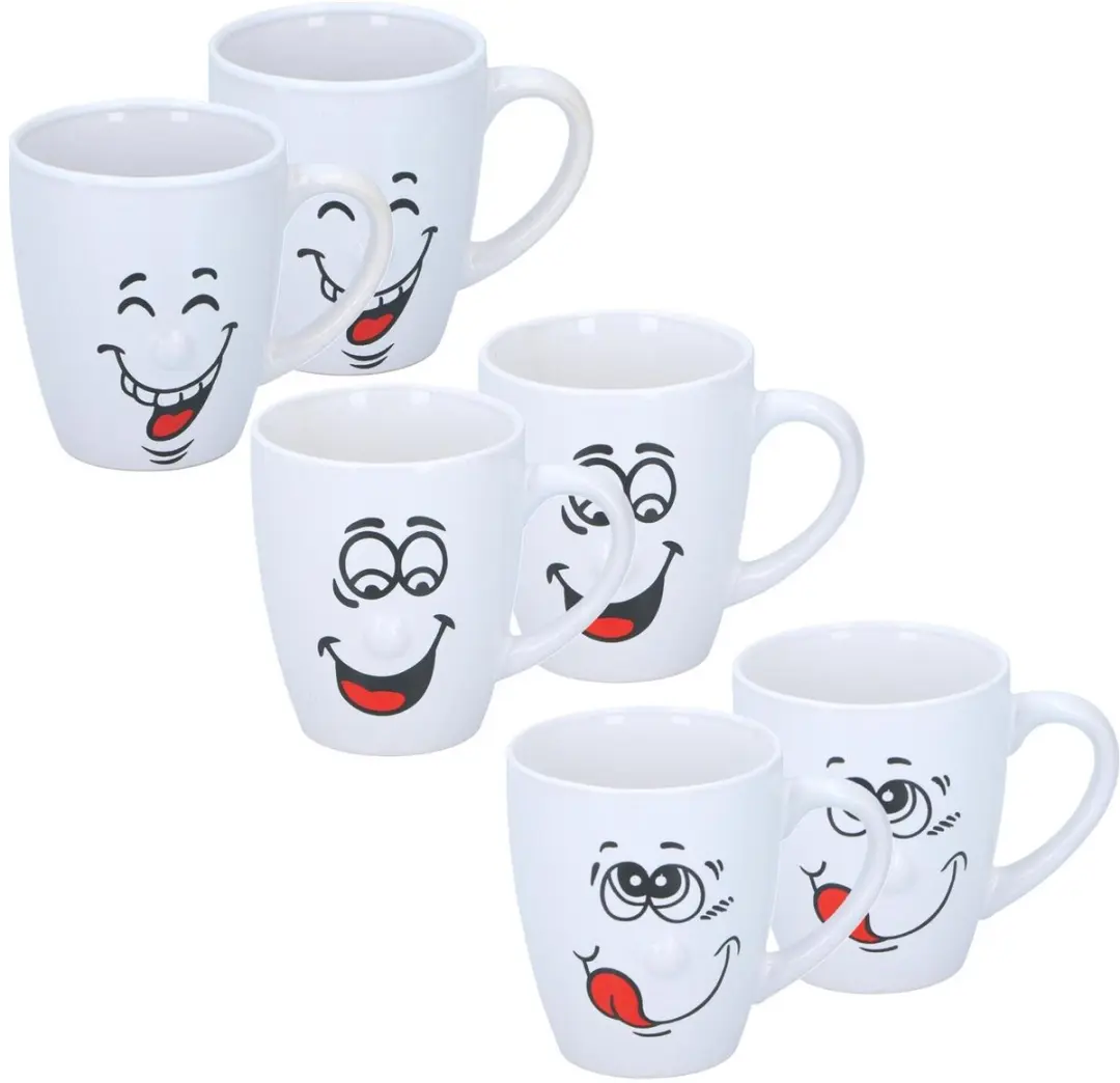 Bellatio Design Funny Faces Koffiemokken - 6 Stuks - 347ml