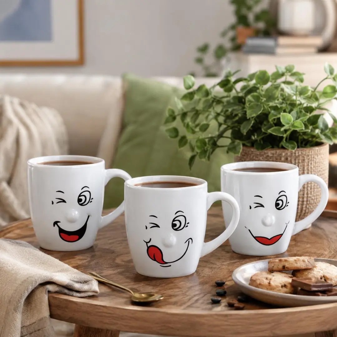 Bellatio Design Funny Faces Koffiemokken - 6 Stuks - 347ml