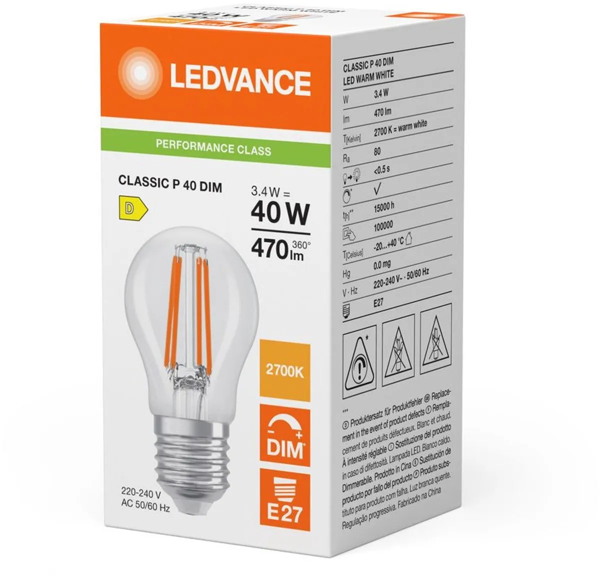 LEDVANCE P45 Filament E27 3.4W 470lm - Warm wit - Dimbaar - afbeelding 6 van 6
