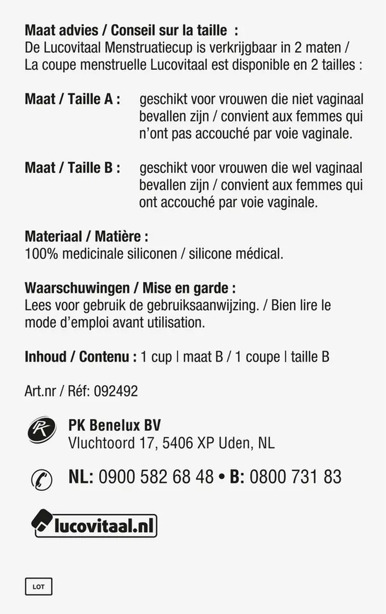 Lucovitaal Menstruatiecup Maat B - Transparant