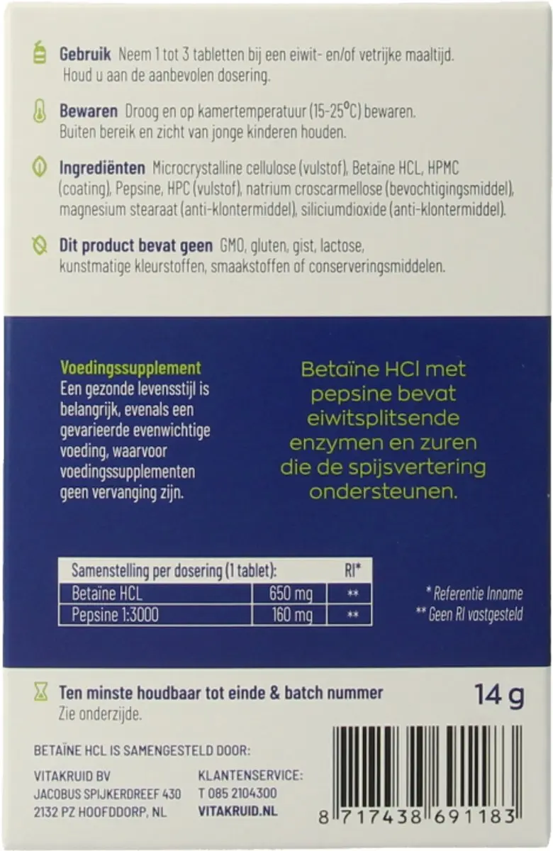Vitakruid Betaine HCL & Pepsine Testkit 650mg/160mg - 10 Tabletten
