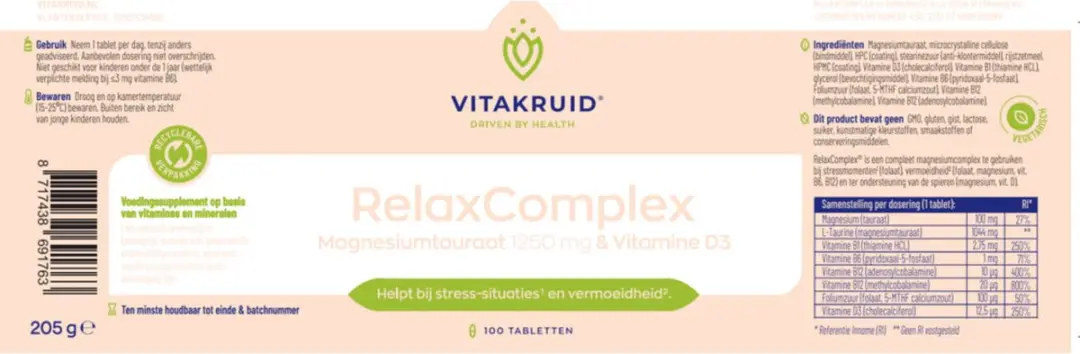 Vitakruid RelaxComplex Magnesium Tauraat & Vitamine D3 90 Tabletten