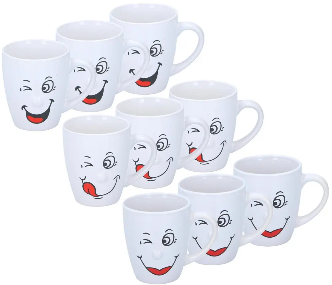 Bellatio Design Funny Faces Koffiemokken - 9 Stuks - 348ml