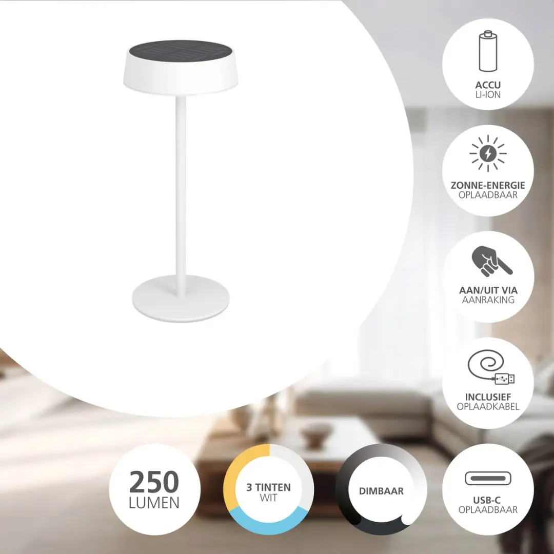 Eglo Simeri Oplaadbare Solar Tafellamp - Wit - 22 uur - afbeelding 5 van 6