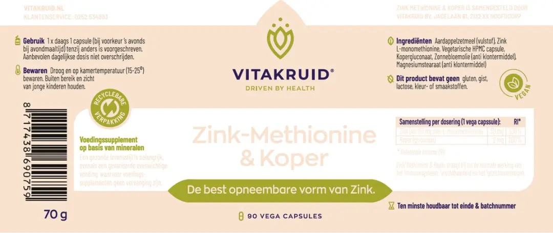 VitaKruid Zink Methionine & Koper 90 Capsules