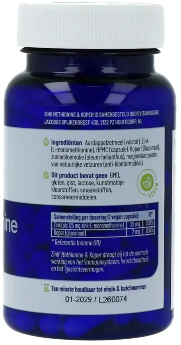 VitaKruid Zink Methionine & Koper 90 Capsules