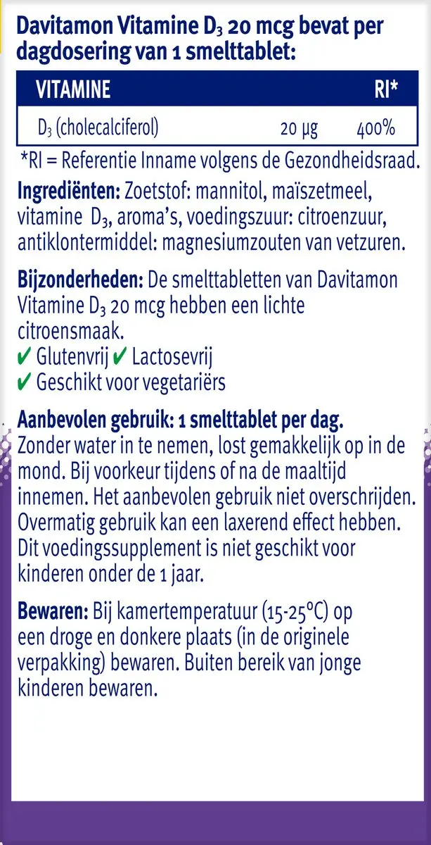 Davitamon Vitamine D3 20mcg Smelttabletten - 150 Stuks