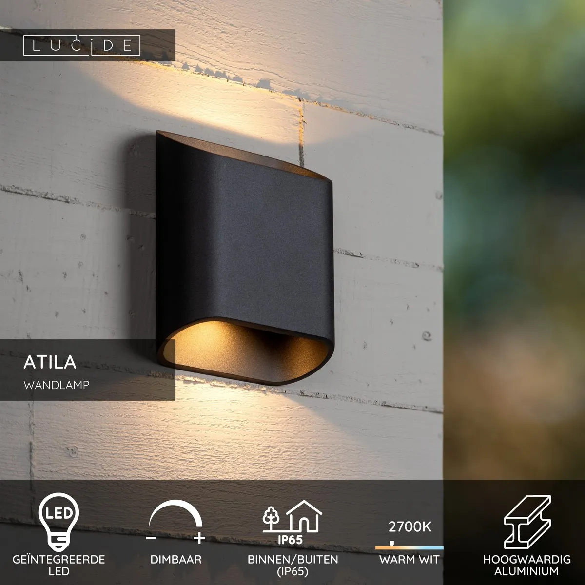 Lucide Atila Wandlamp LED 10W 2700K IP65 - Zwart