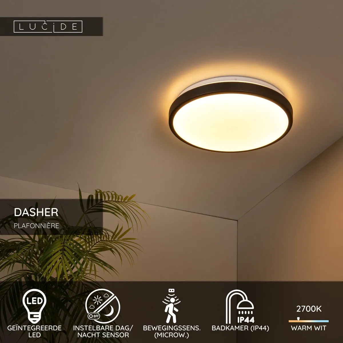 Lucide Dasher Plafondlamp 1x18W 2700K - Zwart