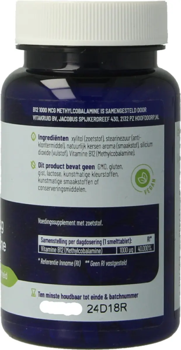 Vitakruid B12 1000 mcg Actief Methylcobalamine - 180 Smelttabletten - afbeelding 6 van 6
